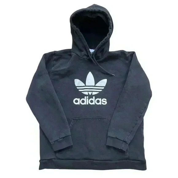 Adidas Hoodie Black Trefoil Logo Graphic Pullover Sweatshirt Athletic Men's L - Picture 1 of 9